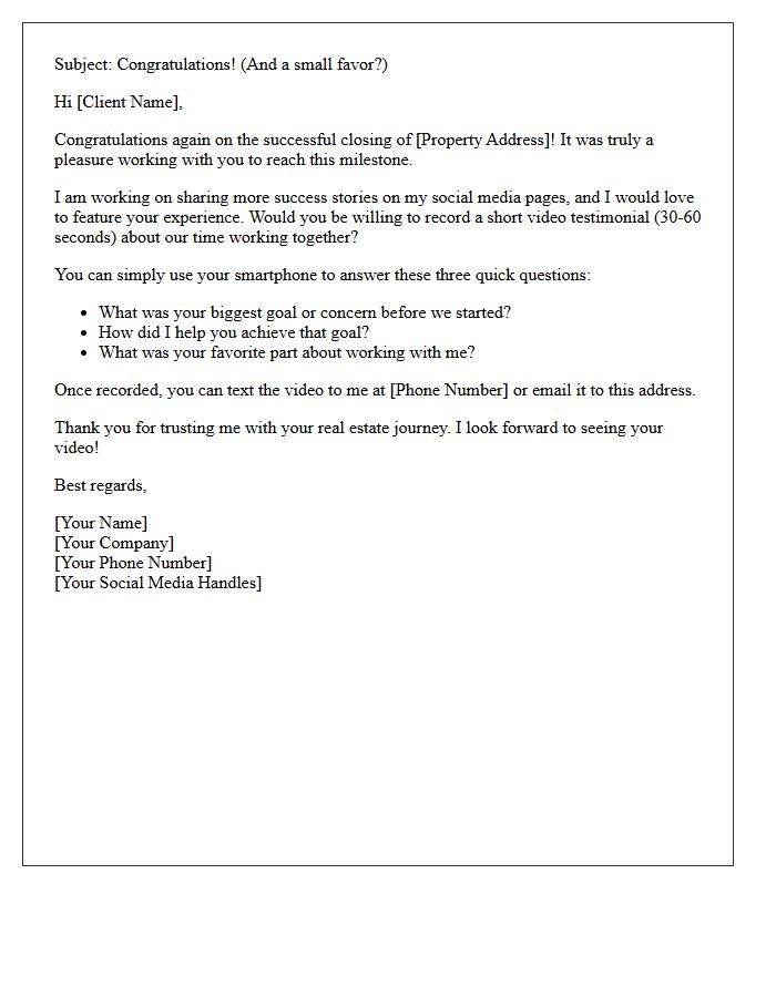 Post-Closing Real Estate Video Testimonial Request Letter for Social Media