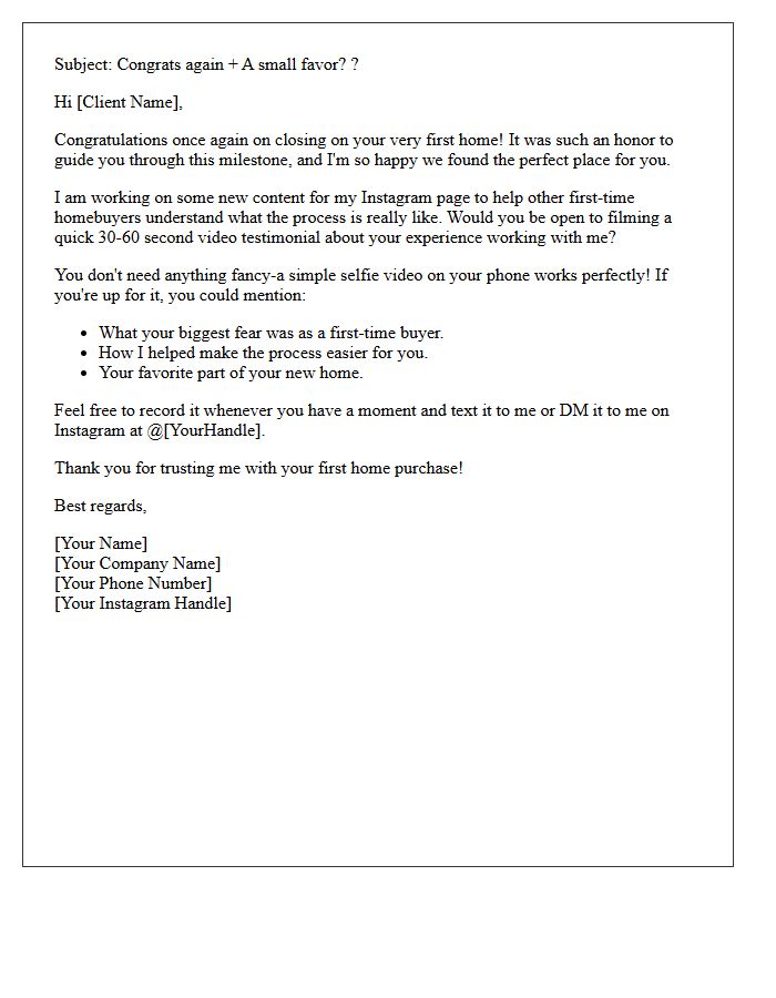 First-Time Homebuyer Video Testimonial Request Letter for Instagram