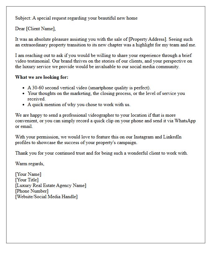 Luxury Property Sale Video Testimonial Request Letter for Social Media