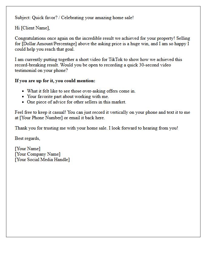 Above Asking Price Sale Video Testimonial Request Letter for TikTok