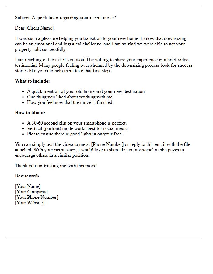 Downsizing Seller Video Testimonial Request Letter for Social Media
