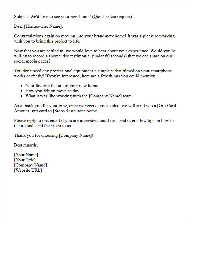 New Construction Home Video Testimonial Request Letter for Social Media