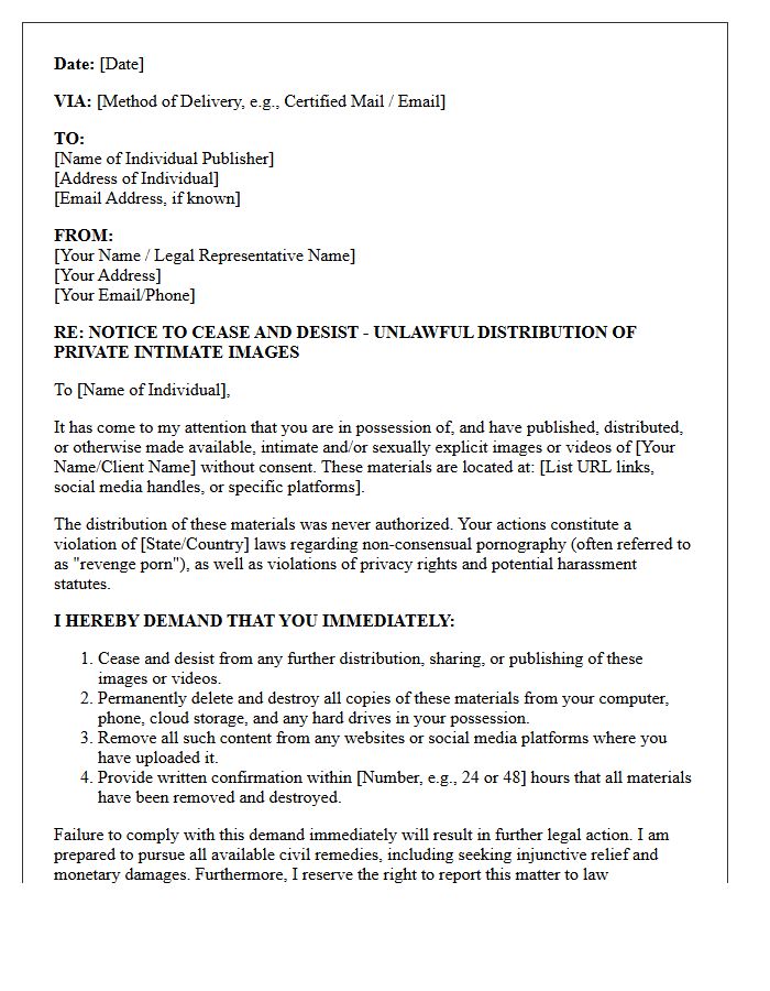 Non-Consensual Pornography Cease and Desist Letter to Individual Publisher