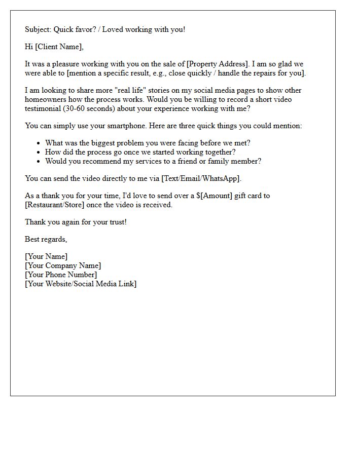 Real Estate Investor Video Testimonial Request Letter for Social Media