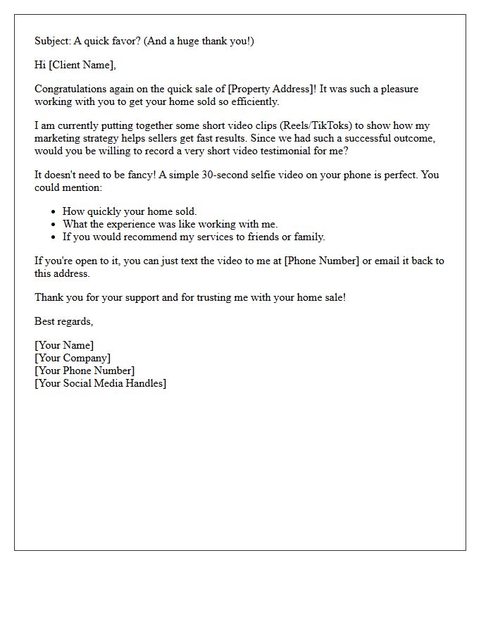 Quick Listing Sale Video Testimonial Request Letter for Social Media Reels