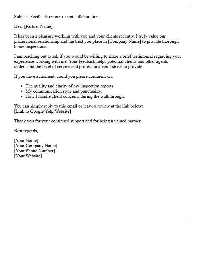 Home Inspector Referral Partner Testimonial Request Letter