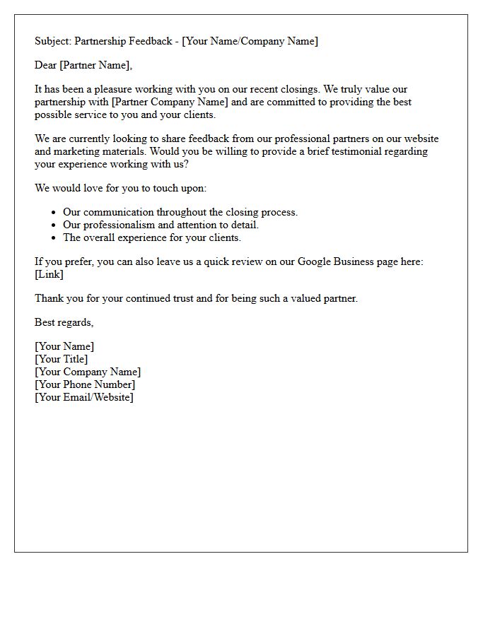Title Company Referral Partner Testimonial Request Letter
