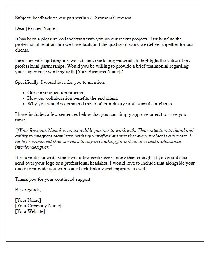 Interior Designer Referral Partner Testimonial Request Letter