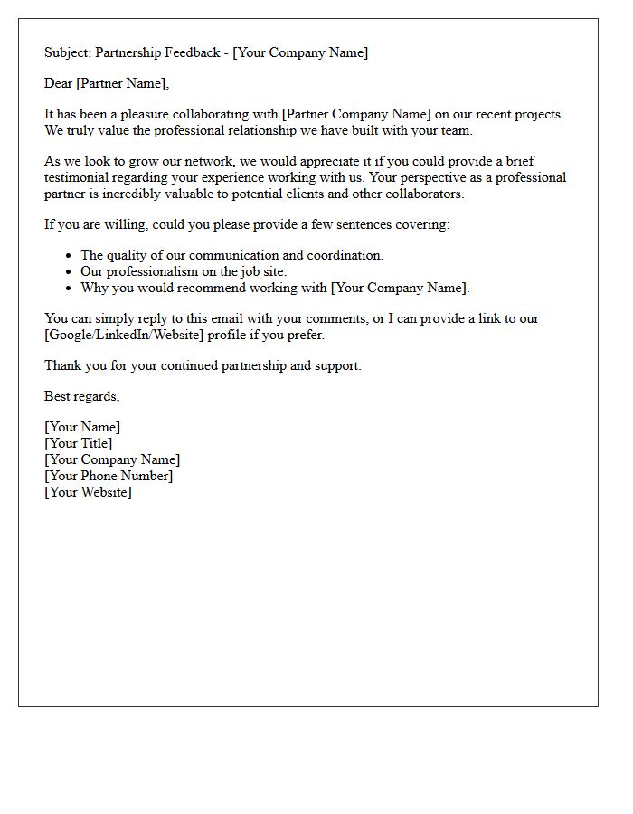 General Contractor Referral Partner Testimonial Request Letter