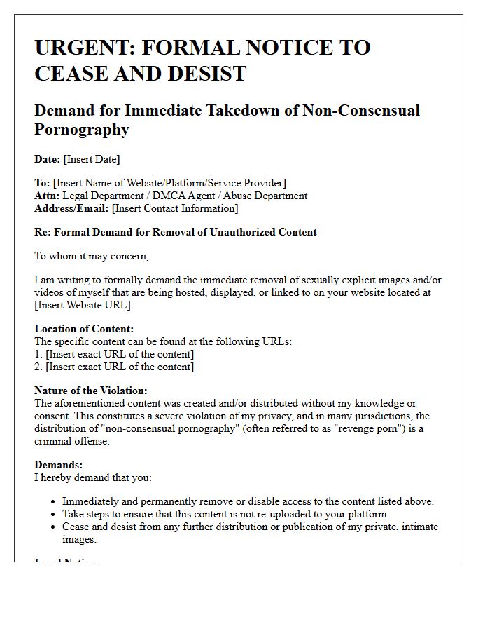 Website Takedown and Cease and Desist Letter for Non-Consensual Pornography