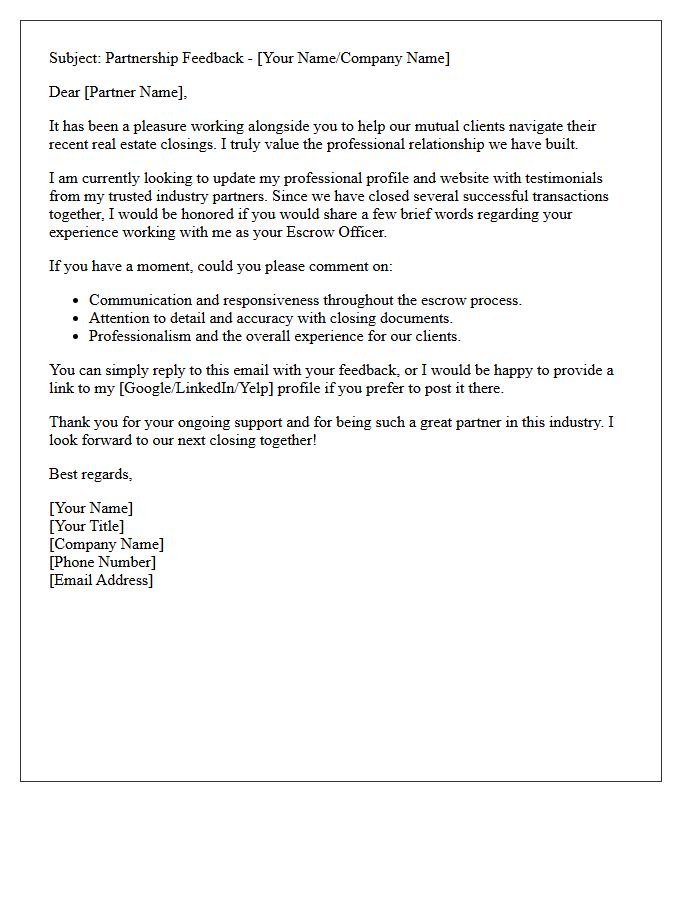 Escrow Officer Referral Partner Testimonial Request Letter