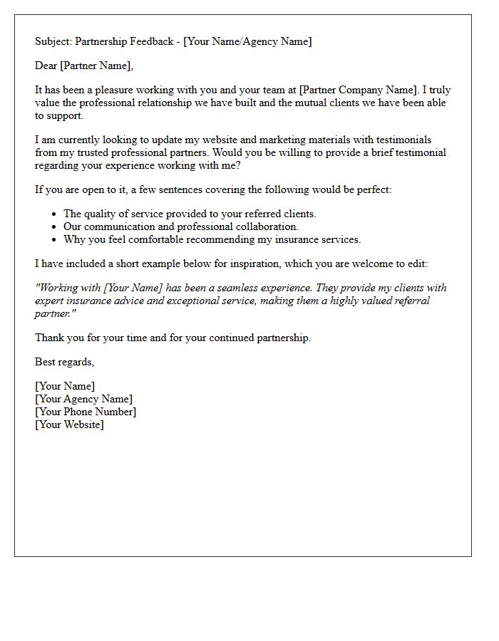 Insurance Agent Referral Partner Testimonial Request Letter