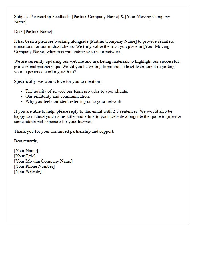 Moving Company Referral Partner Testimonial Request Letter