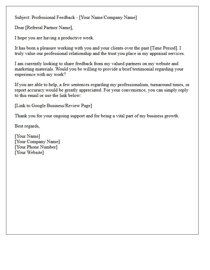 Real Estate Appraiser Referral Partner Testimonial Request Letter
