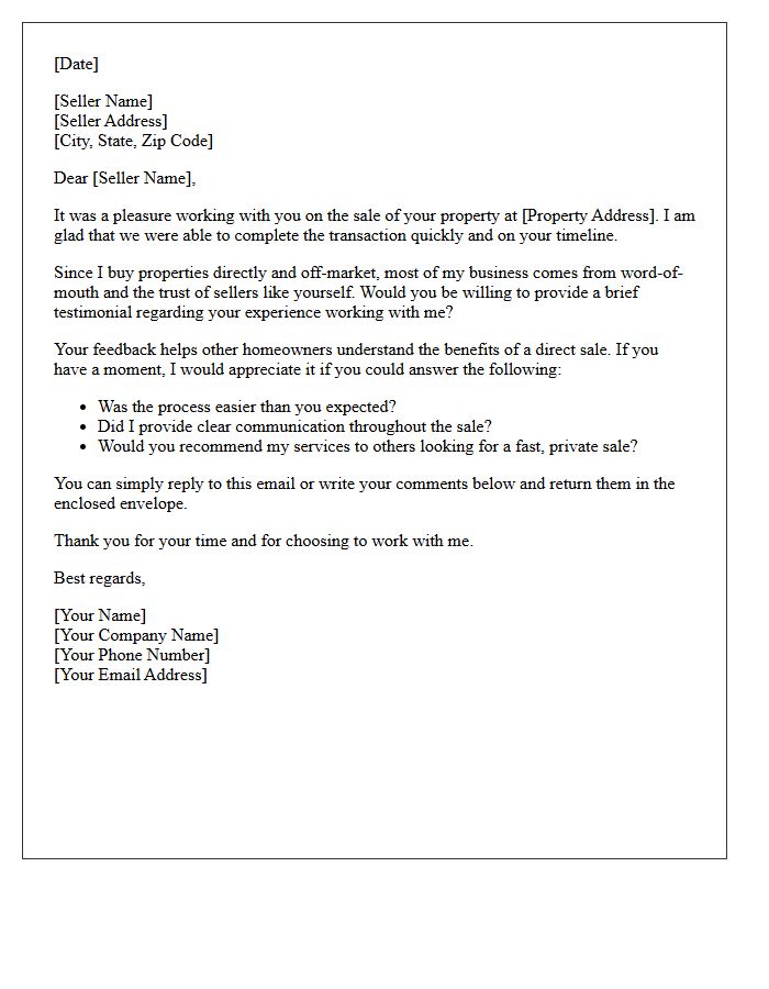 Direct Off-Market Property Buyer Testimonial Request Letter