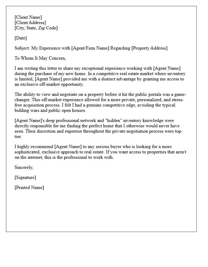 Exclusive Off-Market Buyer Experience Testimonial Letter