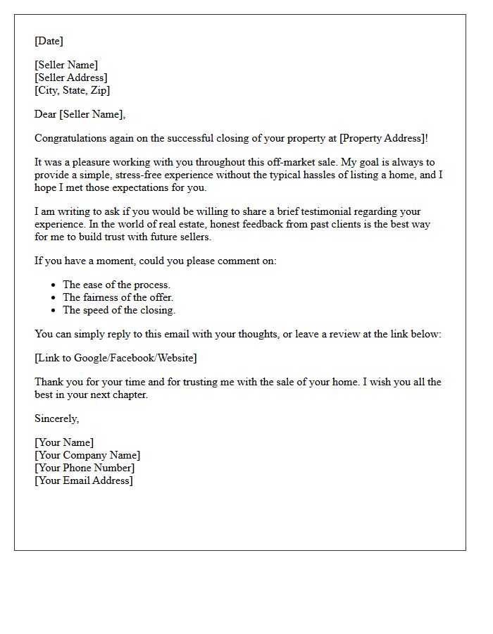 Post-Closing Off-Market Purchase Testimonial Request Letter