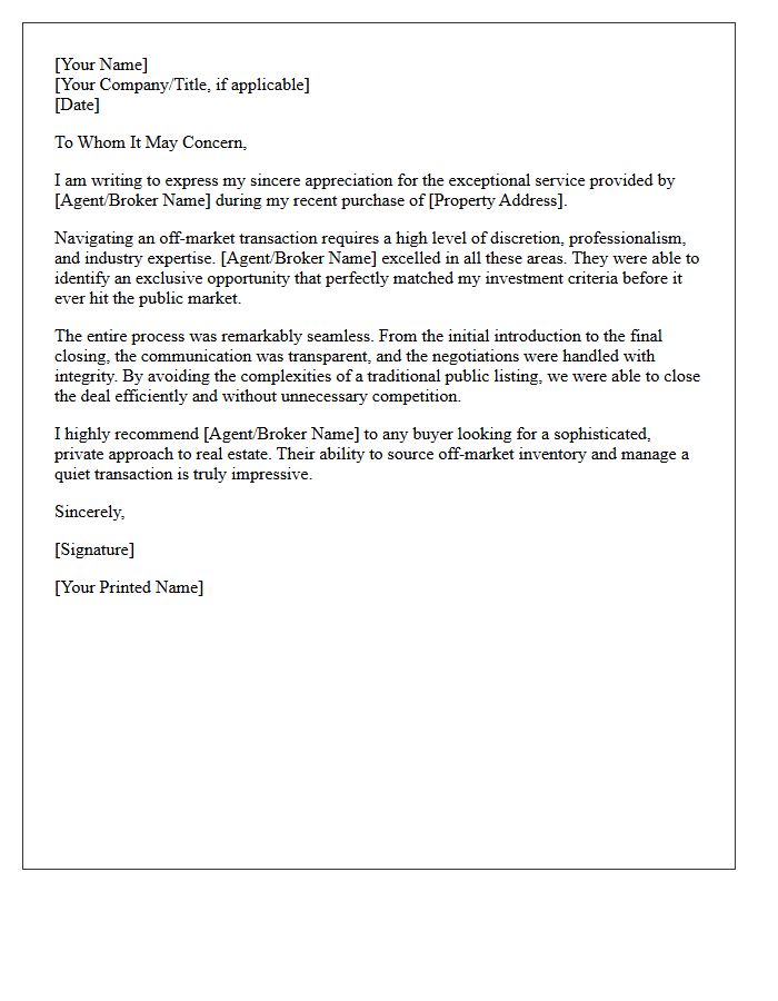 Seamless Off-Market Transaction Buyer Testimonial Letter