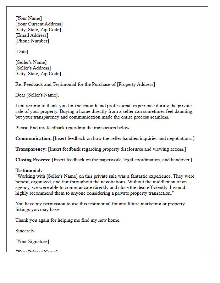 Private Sale Property Buyer Feedback and Testimonial Letter