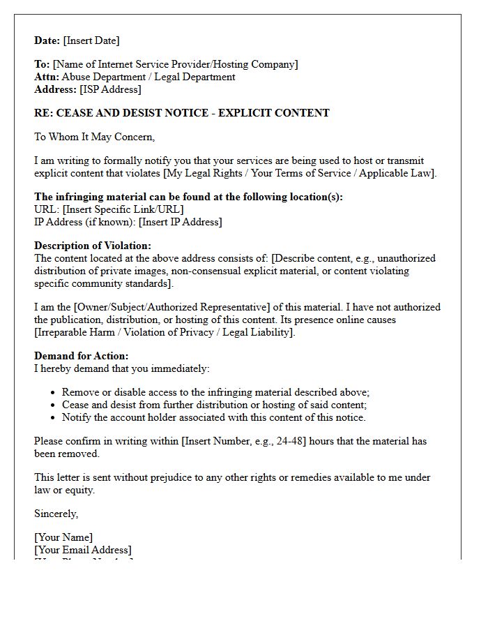 Internet Service Provider Notice and Cease and Desist Letter for Explicit Content