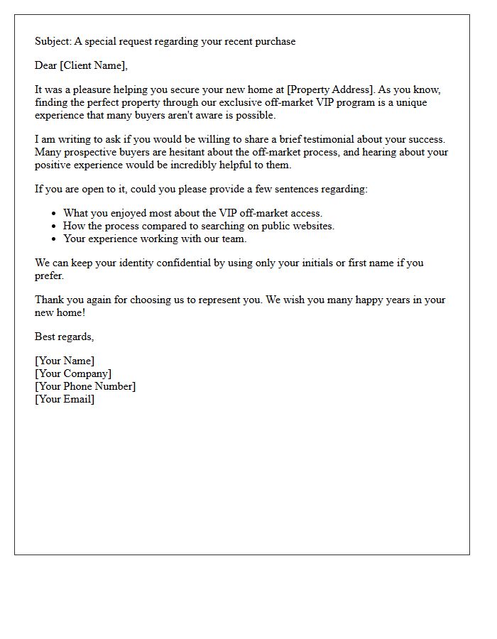 VIP Off-Market Buyer Success Story Request Letter