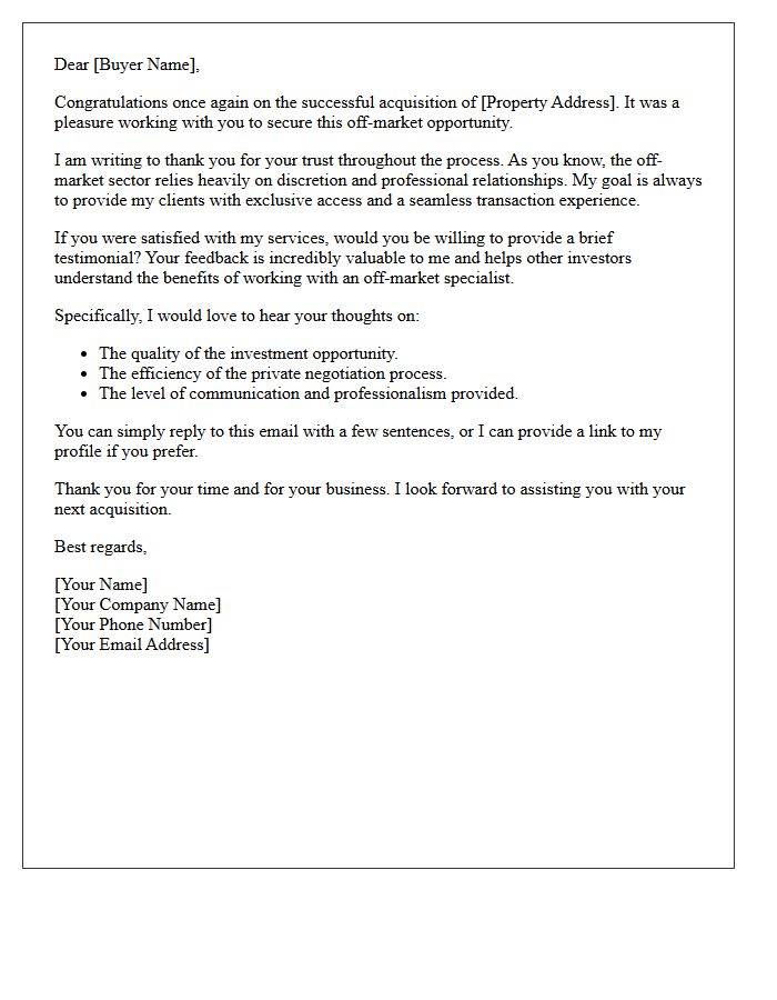 Gratitude and Testimonial Request Letter for Off-Market Buyers