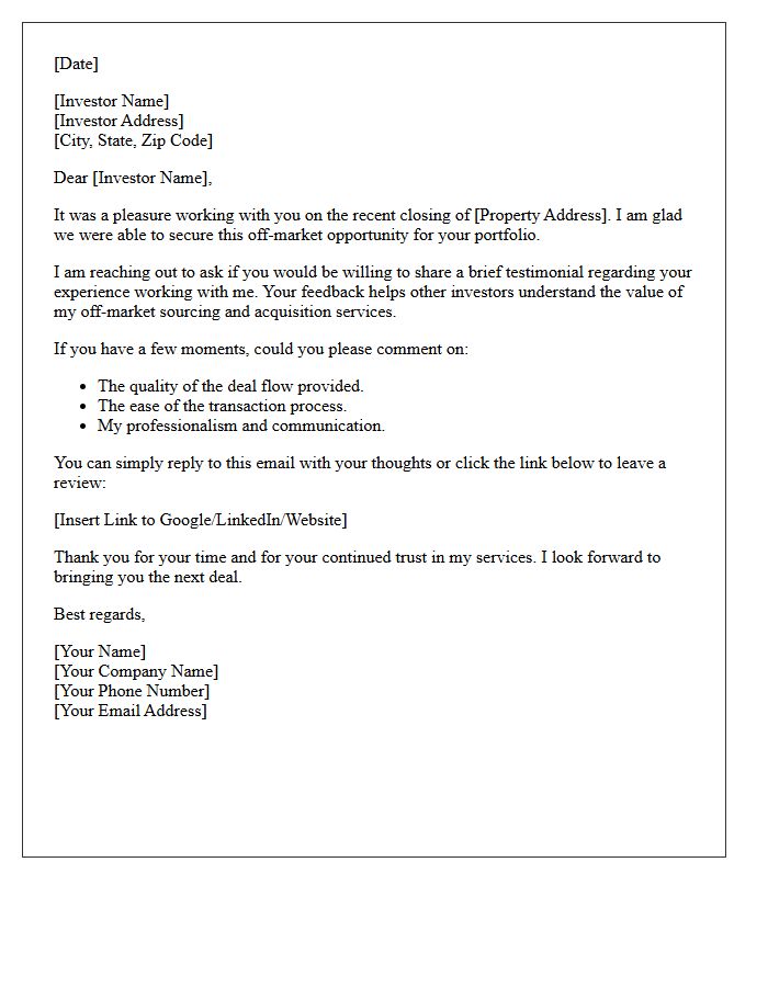 Off-Market Property Investor Testimonial Request Letter