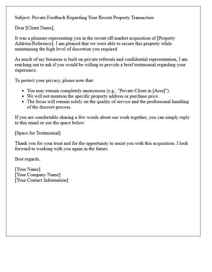 Discreet Property Purchase Buyer Testimonial Request Letter