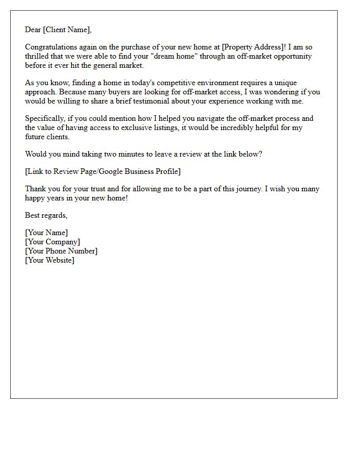 Off-Market Dream Home Buyer Testimonial Request Letter