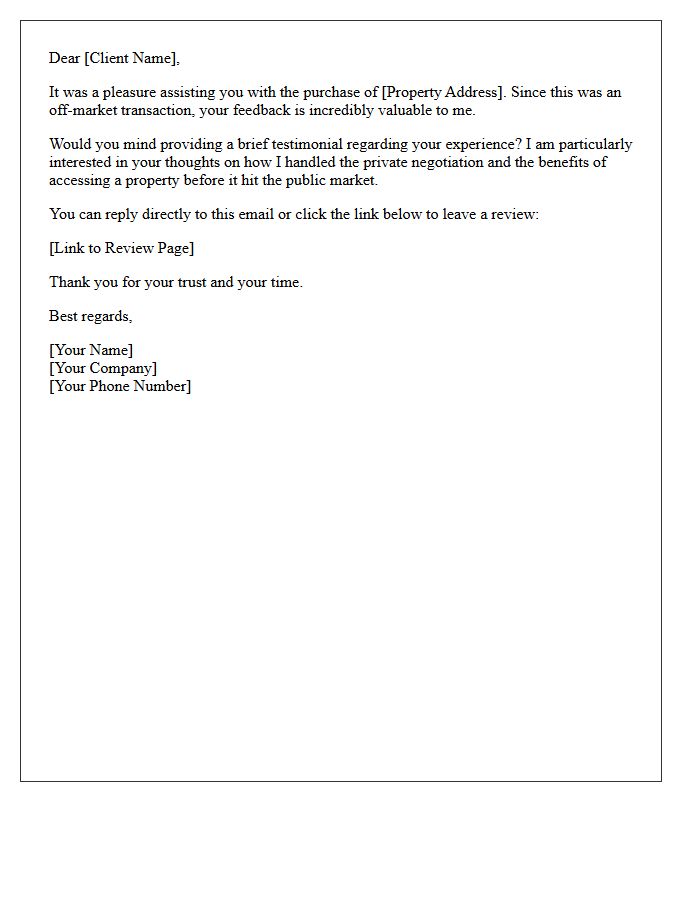 Brief Off-Market Property Buyer Testimonial Request Letter