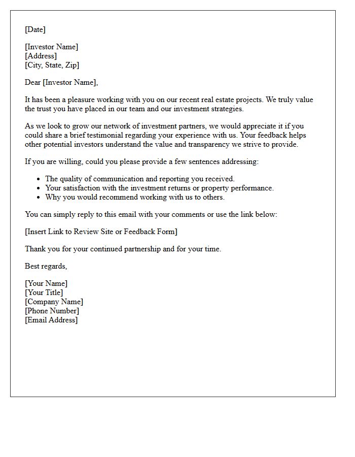 Real Estate Investor Satisfaction Testimonial Request Letter