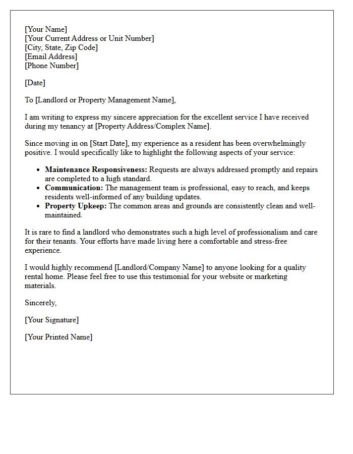 Residential Landlord Service Experience Testimonial Letter