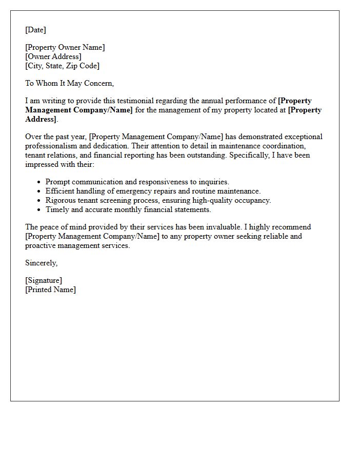 Annual Property Management Performance Testimonial Letter