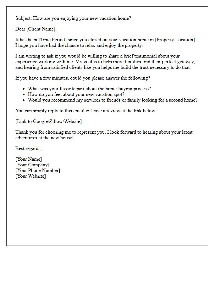Vacation Home Buyer Testimonial Request Letter