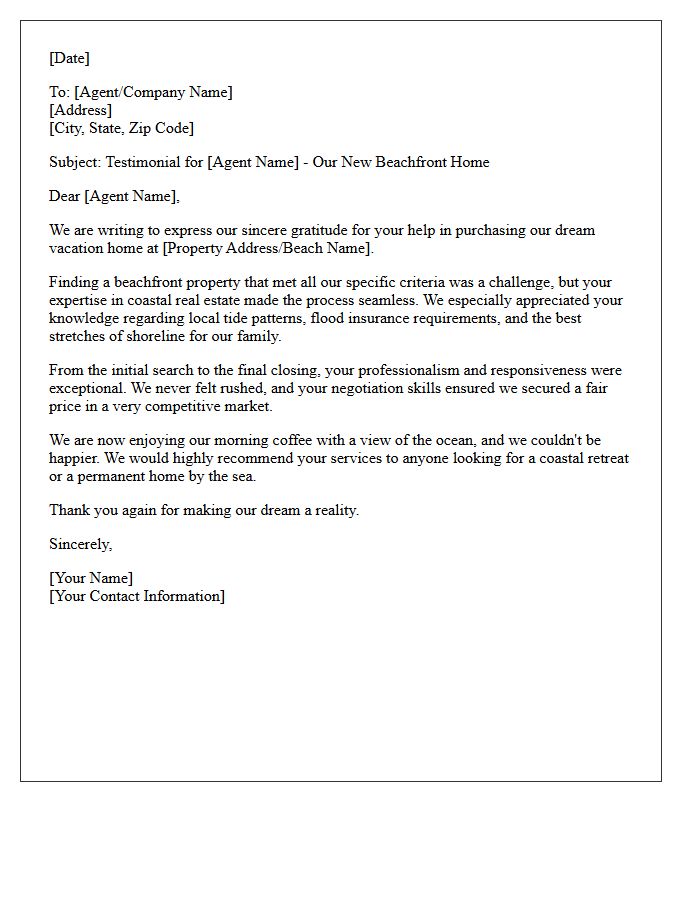 Beachfront Vacation Home Buyer Testimonial Letter