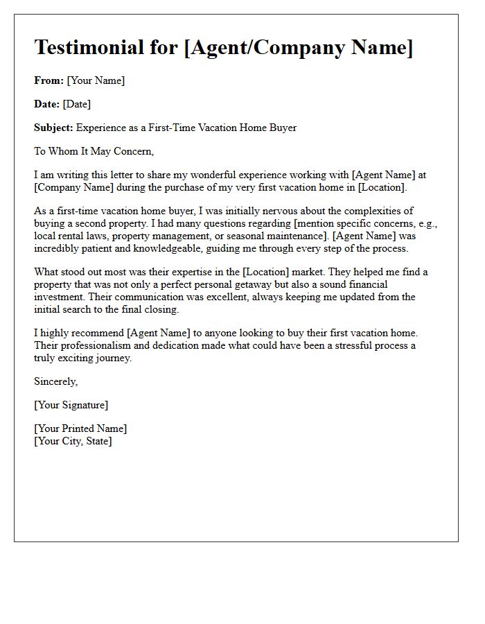 First Time Vacation Home Buyer Testimonial Letter
