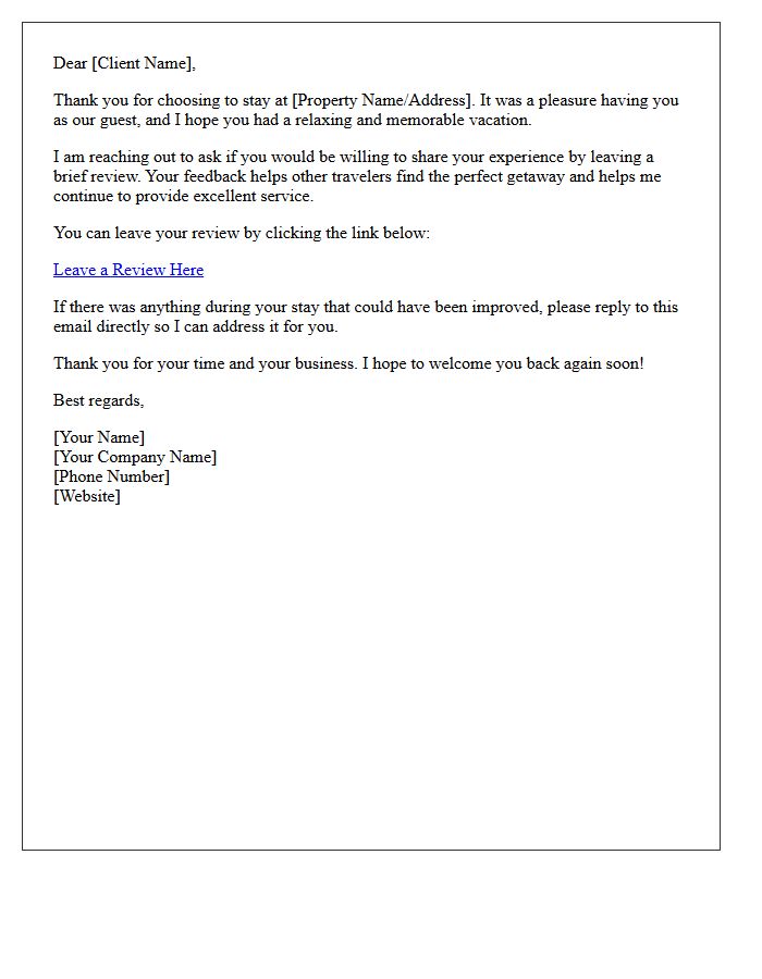 Real Estate Vacation Property Client Review Letter