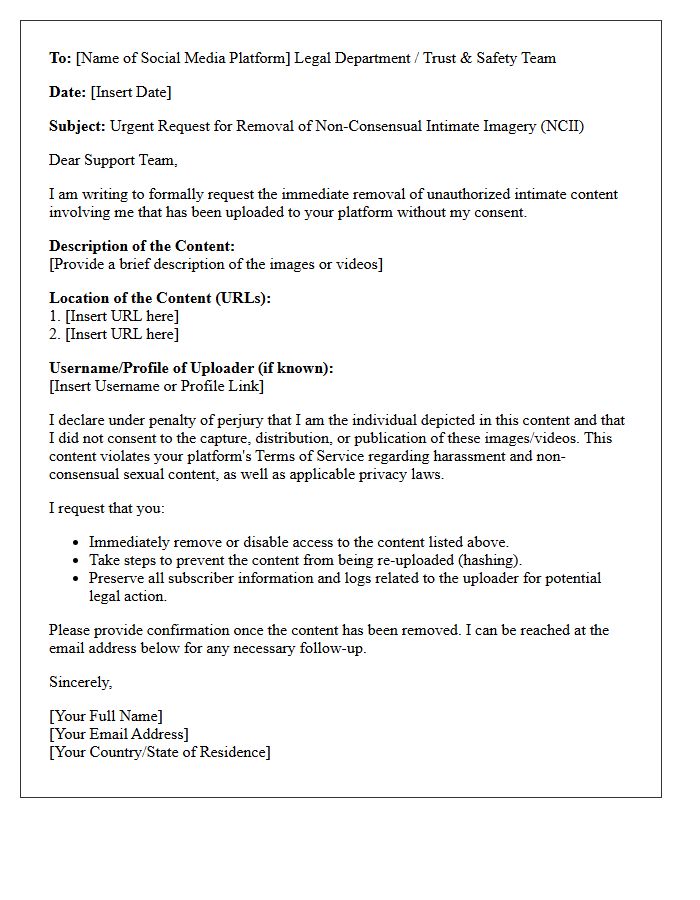 Social Media Platform Takedown Letter for Non-Consensual Pornography