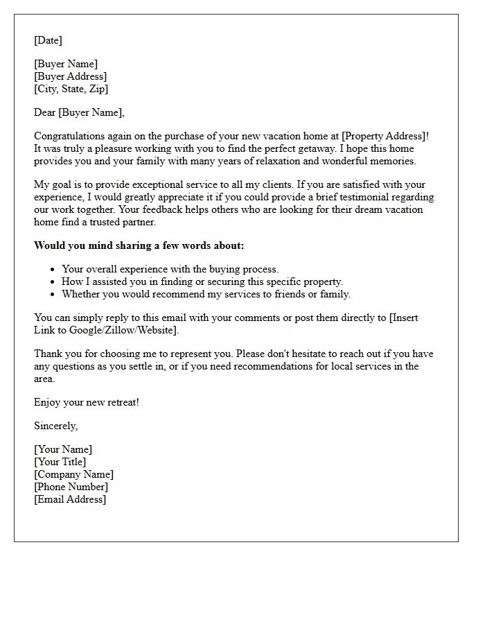 Vacation Home Buyer Thank You And Testimonial Letter