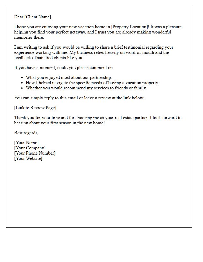 Vacation Home Buyer Follow Up Testimonial Letter