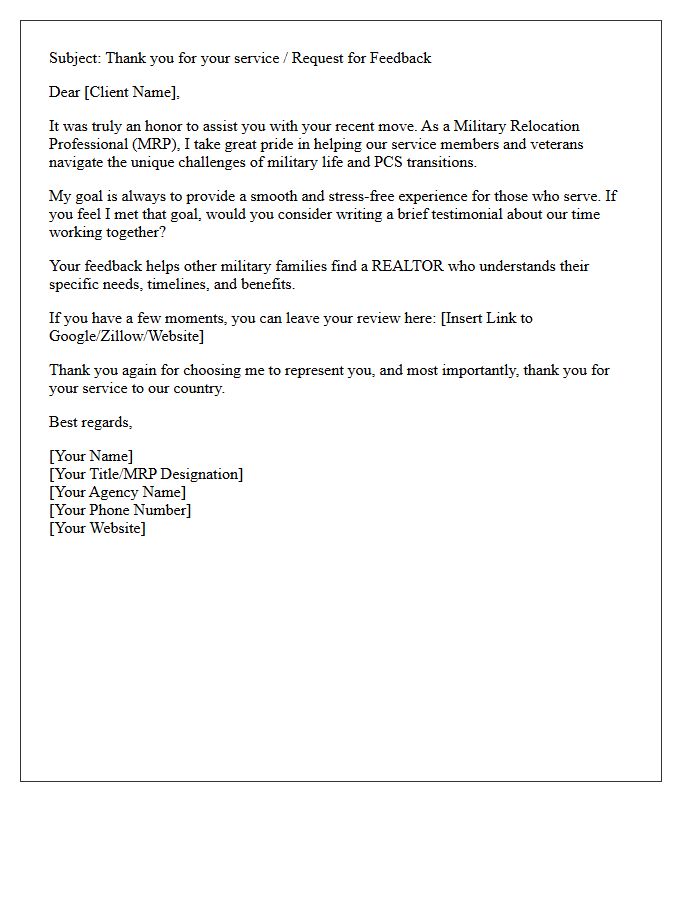 Military Relocation Professional Testimonial Request Letter