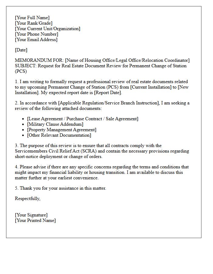 Permanent Change of Station Real Estate Review Request Letter