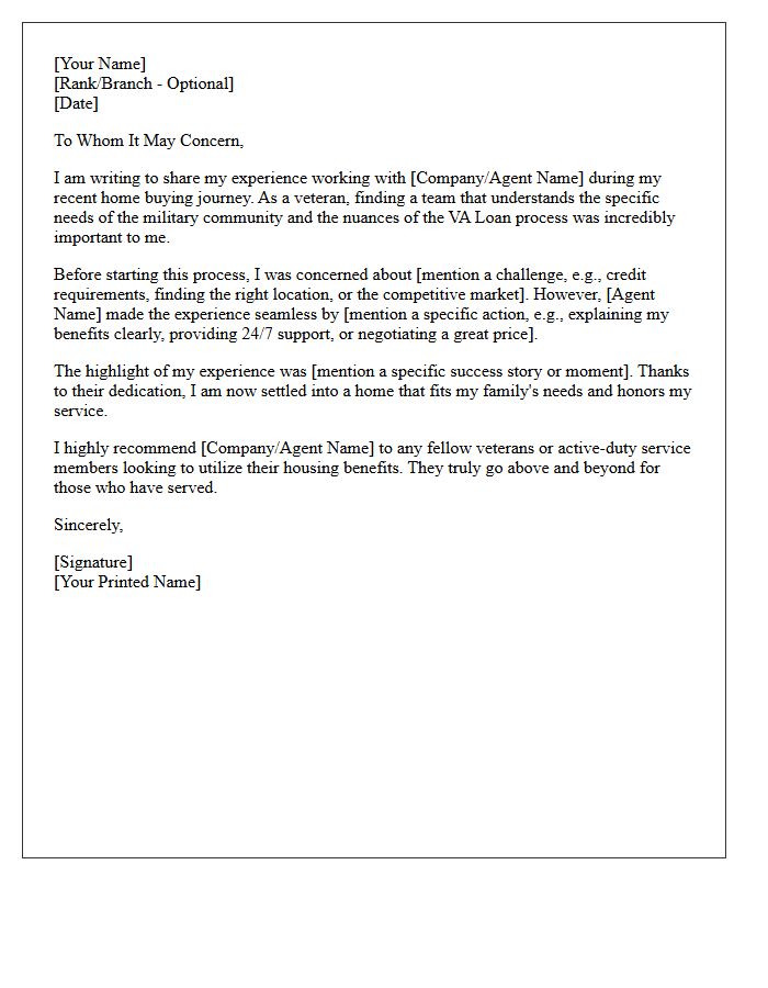 Veteran Homebuyer Success Story Testimonial Letter