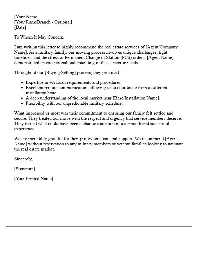 Military Family Real Estate Experience Testimonial Letter