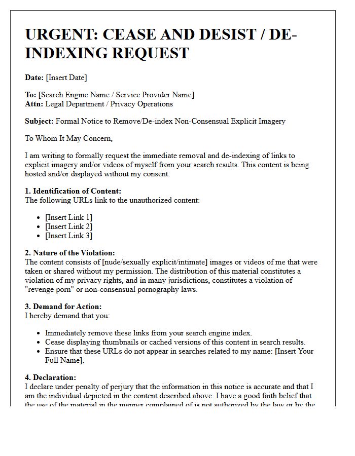 Search Engine De-Indexing and Cease and Desist Letter for Explicit Imagery