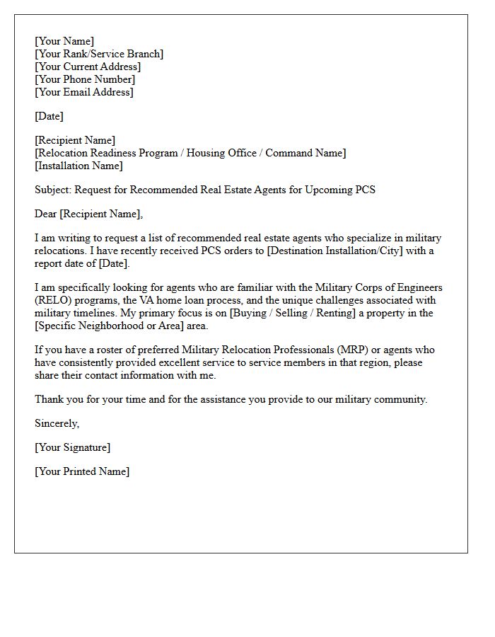 Military Relocation Agent Recommendation Request Letter