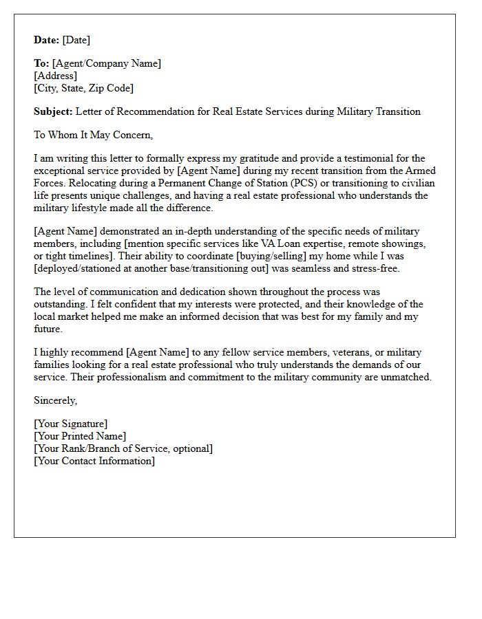 Armed Forces Real Estate Transition Testimonial Letter