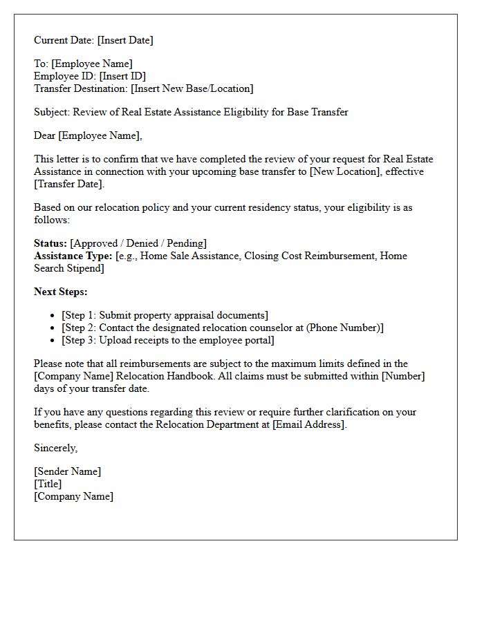 Base Transfer Real Estate Assistance Review Letter