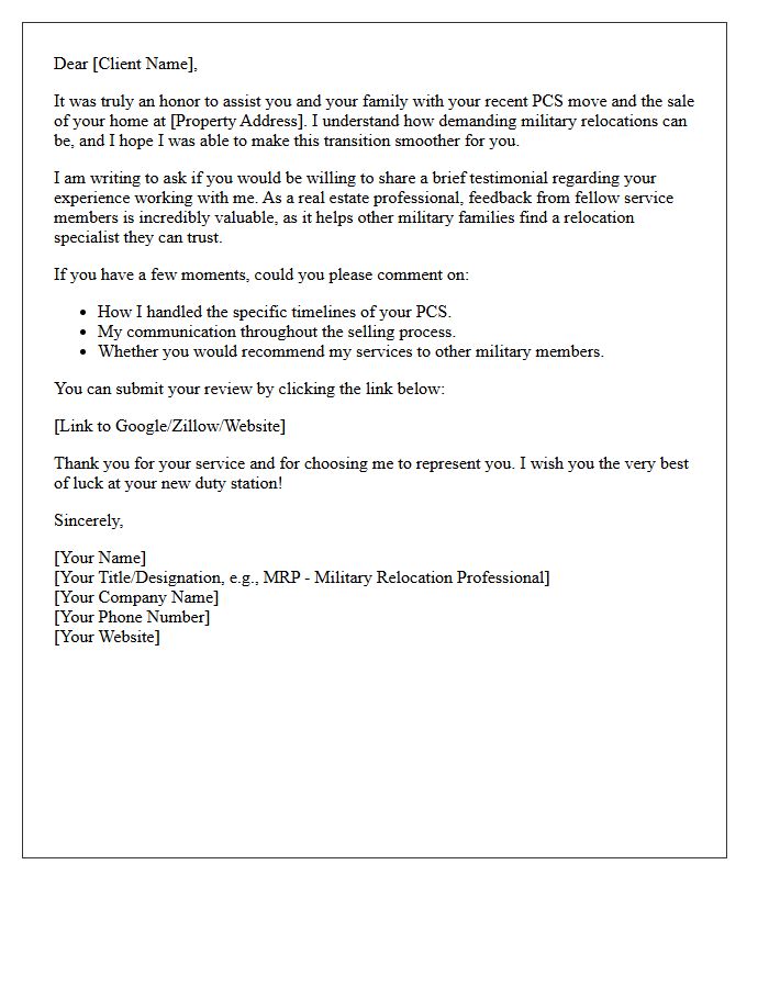 Military Seller Relocation Testimonial Request Letter