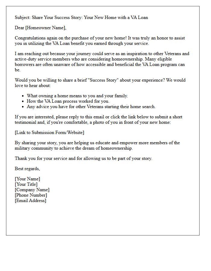 VA Loan Homebuyer Success Story Request Letter